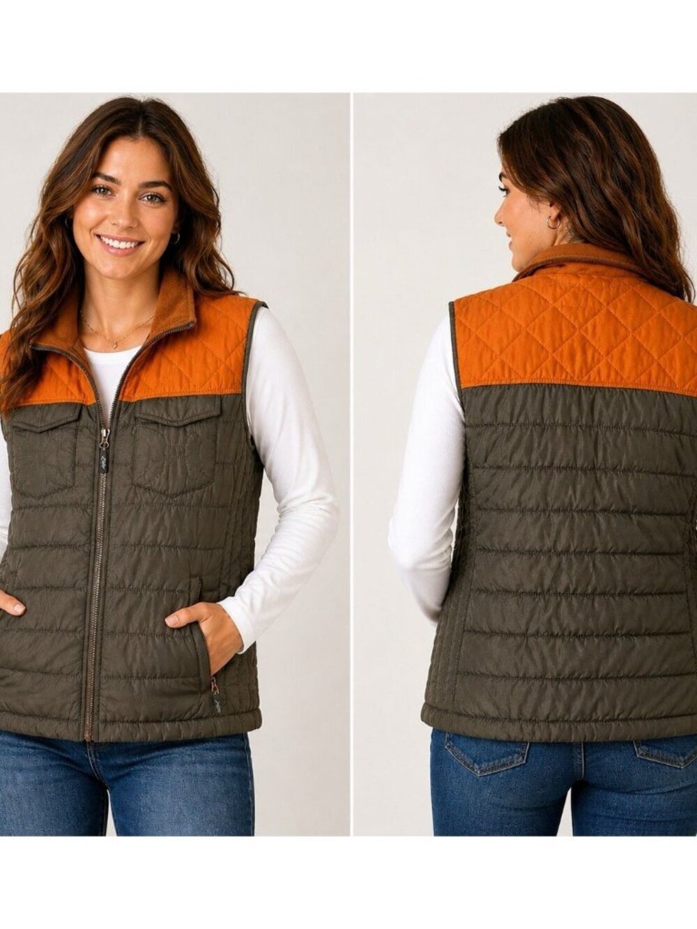 Hooey Quilted Vest Women XL Brown Olive Western Puffer Zip Outdoor